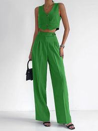 Women's Two Piece Pants Tops And High Waist Wide Leg Suits Lady Trouses Sets Green V Neck Sleeveless Cropped Vest 2 Set Women Double Buttons