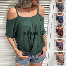 Women's T-Shirt Women's 2022 New Camisole V-Neck Solid Colour Sexy Off-The-Shoulder T-Shirt Fashion Plus Size Short Sleeve Loose Casual Top J230627