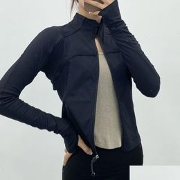 Yoga Outfit Ribbed Cropped Jacket Coat Waist Length Sweatshirts Slim Fit Sports Jackets With Thumbholes Drop Delivery Outdoors Fitne Dhjxd