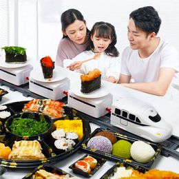 Kitchens Play Food Conveyor Belt Rotary Sushi Toy Pretend Play Electric Track Trains Rotary Rail Car Sushi Rail Simulation Model Toy For Children's 230626