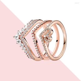 Cluster Rings 925 Silver Rose Gold Princess Wishbone Sparkling Love Heart For Women Gifts Stacking Engagement Party Jewellery