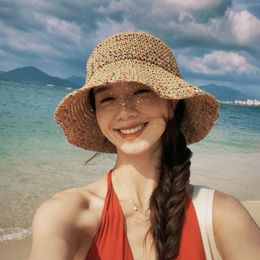 2023 Straw Hat Women Summer Travel Beach Sun Protection Cap Vacation Eaves Straw Bucket Hats Big Head Krean Sun Caps