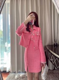 AuthS-elf Portrait Deep Pink Small Fragrant Diamonds Short Coat Sexy V-neck Slim Fit Tank Top Dress 2 Piece Set