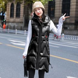 Women's Vests #0455 Winter Hooded Vest Women Zipper Warm Outerwear Long Coat Female Slim Korean Style Shiny Surface Sleeveless Jacket