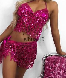 Women's T-Shirt Women Belly Dance Bra Top Halter Bling V-Neck Backless Lace-up Sequin Fringe Crop Top Party Clubwear Beach Rave Festival Top J230627