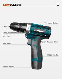 Boormachine LOMVUM 12V 16.8V 20V Adjust speed home Cordless Drill bit Electric screwdriver extra Battery Wrench with plastic box power tool