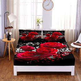 Set Bright Red Rose Digital Printed 3pc Polyester Fitted Sheet Mattress Cover Four Corners with Elastic Band Bed Sheet Pillowcases