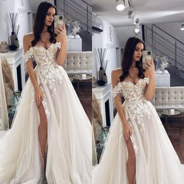 Princess A Line Dresses For Bride Off Shoulder Appliques Wedding Dress Sweep Train Split Long Designer Bridal Gowns