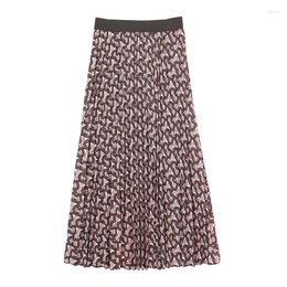 Skirts FOLOBE A-line Long Skirt Printed Thin Pleated Elastic High Waist Large Hem Mid-length For Women Floral Dress