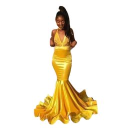 African Deep V Neck Mermaid Yellow Prom Dresses Long Appliqued Halter Black Girls Sexy Prom Dress Special Party Gown