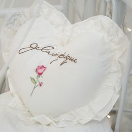 Cushion Decorative Pillow 100 Cotton Love Heart Shape Cushion Embroidered Decorative Throw For Bedroom With Ruffles Soft Pillows 230626