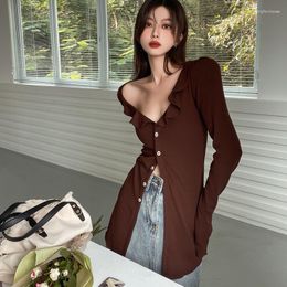 Women's Blouses Vintage Ruffled Brown Blouse Women Fashion Sexy Single-breasted V-neck Slim Shirts Long Sleeve Tops Female