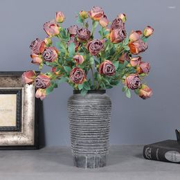 Decorative Flowers Artificial 5-Head Burnt Edge Rose Vintage Bouquet Home Living Room Dining Table Display Flower Wedding Fake