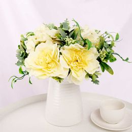 Dried Flowers White Rose Artificial High Quality for Home Wedding Decoration Silk Peony Bouquet Plastic Fake Table Arrangement