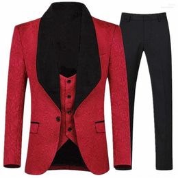 Men's Suits Men's High Quality Men Shawl Lapel Man Pattern Red Groom Tuxedos Wedding Groomsman 3 Pieces ( Jacket Pants Vest )E365