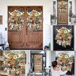 Decorative Flowers Cow Wreath Front Door Wall Hanging Handmade Home Farmhouse Decoration Welcome Light Up Wreaths Large Heart