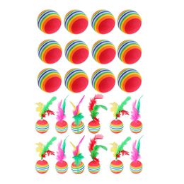 12pcs Cat Interactive Toy Funny Rainbow Toy Balls with Feather Cat Toys Play Chew Kitten Colorful Cat Teaser Toy Pet Supplies