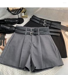 Womens Shorts Summer Korean Casual Slim High Waist with Belt Grey Suit Wide Leg for Women