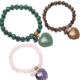 Link Bracelets Natural Stone Round Beads Bracelet Heart Pendant Lucky Charm 8mm Malachite Rose Quartz Jewellery Hand Chain For Women