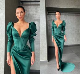 Sexy Hunter Green Mermaid Prom Dresses Long for Women V Neck Long Sleeves Draped Pleats High Side Split Formal Evening Party Birthday Pageant Second Reception Gowns