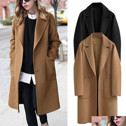 Women'S Wool Blends Womens Winter Lapel Button Long Brown Coat Jacket Ladies Overcoat Outwear British Style Solid Blend Trench Dro Dhg5V