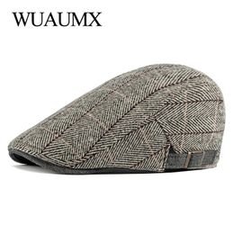 Wuaumx Autumn Beret Hats Men Visor Retro British Peaked Flat Ivy Cap Elderly Duckbill Hat Middle-aged Herringbone Beret Cap