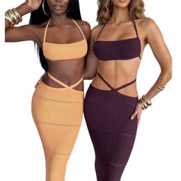 Two Piece Dress Women Knitted Skirt Sets Summer Clothes Fashion Tieup Halter Vest Crop Top and Cross Tight Long Suit Sexy Club 230627
