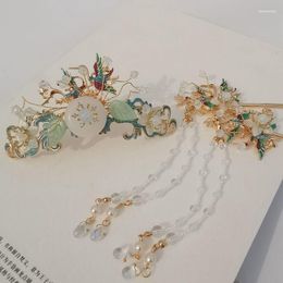 Hair Clips Women's Green Flowers White Beads Long Tassel Crown Antique Hanfu Headdress