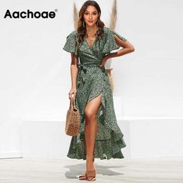 Aachoae Long Wrap Dress Summer Boho Style Floral Print Maxi Beach Sexy Side Split Party Sundress Vestidos 210611