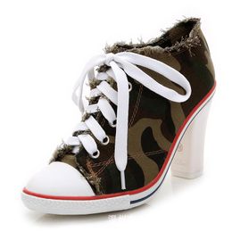 Boots Women Canvas Shoes Denim High Heels Camouflage Shoes Fashion Shoe Laces Sneakers Women Short Boots