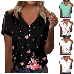 Women's T Shirts Womens Summer Tops V Neck Print Short Sleeve Shirt Casual Side Split Tunic Top Skincare For Women 2023