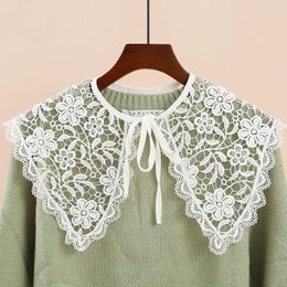 Bow Ties Women Shirt Floral Lapel Detachable Fake Collar Shawl Retro Lace Hollow Half Blouse Adjustable Necklace False Collars