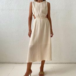 Casual Dresses Summer Thin High Waist Hollow Out Cotton Midi Dress Women Fashion O-Neck Sleeveless Back Button Up White Ladies Clothes