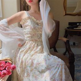 Strap Dres French Elegant Vintage Floral Dress Sweet Summer Fashion Clothing Party Dress Korean 220526