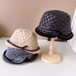 Women Warm Winter Bucket Hats Ladies Ski hats Plaid Cotton Hats Roll Up Brim