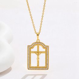 Colares com Pingente Feminino Masculino Cadeia Quadrada Cruz Crucifixo Jesus Design Verdadeiro Ouro 18k Cor Tradicional Jóias Presente
