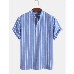 Men's Dress Shirts Mens Dress Shirts Mens Stripe Printed Short Sleeve Stand Collar Cotton Casual Blue Henley
