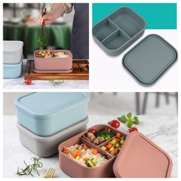 Wholesale Silicone Lunch Box Bento Box Travel Outdoors Portable Food Storage Container Kids Lunch Boxes Microwave Oven Rectangular Three-cell Container