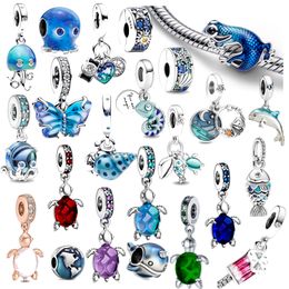 925 Pounds Silver New Fashion Charm Original Round Beads, Summer Blue Gecko Murano Glass Butterfly Glows In The Dark Hermit Crab, Compatible Pandora Bracelet, Beads