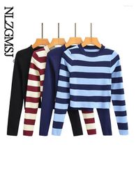 Women's Sweaters Nlzgmsj Autumn Winter Women Short Stripe Round Neck Contrast Colour Striped Long Sleeve Knitted Wool Pullovers Tops