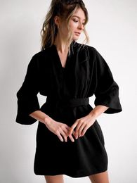 Women's Sleepwear Women's Black Pyjamas For Women 3 Piece Sets Three Quarter Sleeve Robe Spring Casual Spaghetti Strap Tops Female