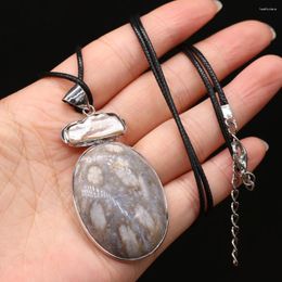 Pendant Necklaces Wholesale Natural Shell Necklace Elliptical Coral Jades Seashell Alloy Charms Leather Rope For Women Jewellery