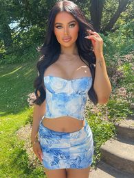 Two Piece Dress Mozision Blue Print Set Halter Laceup Crop Top And Mini Skirt Matching Sets Fashion Bodycon Sexy Party 230627