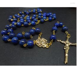 Chains Natural Azurite Glass Stone Beads Cross Catholic Rosary Necklace Prayer Gold Silver Optional Religious Jewellery