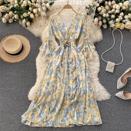 FMFSSOM Bohemian Style Flower Maxi Dress Women Summer Bow Belt Elastic Waist Withe with Lining Vneck Betterfly Sleeve Clothes 220526