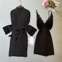 Women's Sleepwear Women's Women Black Satin Kimono Robe Gown Set Spring Casual Home Dress Sexy V-Neck Hollow Out Nightgown Sweet Bow