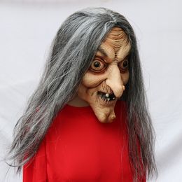 Party Masks Scary Old Witch Mask Latex with Hair Halloween Fancy Dress Wig Grimace Party Costume Cosplay Horror Nun Masks Props Adult 230626