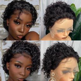 Cute Short Curly Wigs Pixie Cut Wig Human Hair For Black Woman Slick Back 13x1 Lace Part Glueless Brazilian Remy