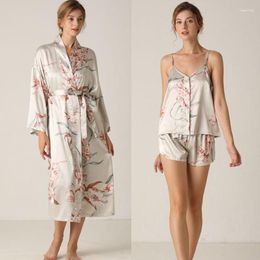 Women's Sleepwear Women's Kimono Gown Satin Print Flower Women Sexy Nighty Bathrobe Intimate Lingerie Nightwear Robe Suit Silky