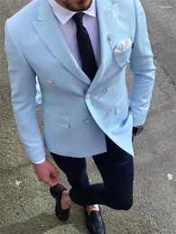 Men's Suits Men's Light Blue Double Breasted Jacket Black Pant Costume Homme Men 2 Pcs Groom Prom Wedding Blazer Terno Masculino Slim